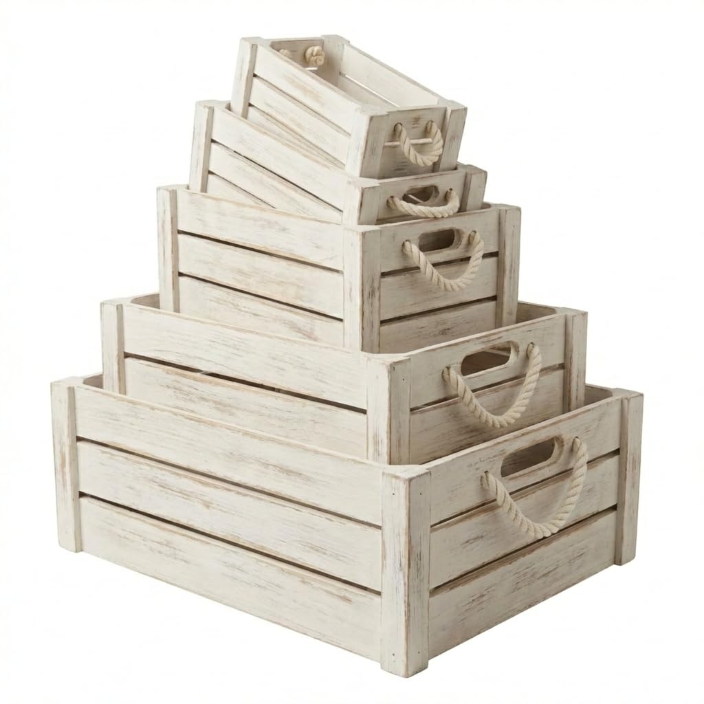 Set of 3 White Wooden Nesting Storage Crates N2604