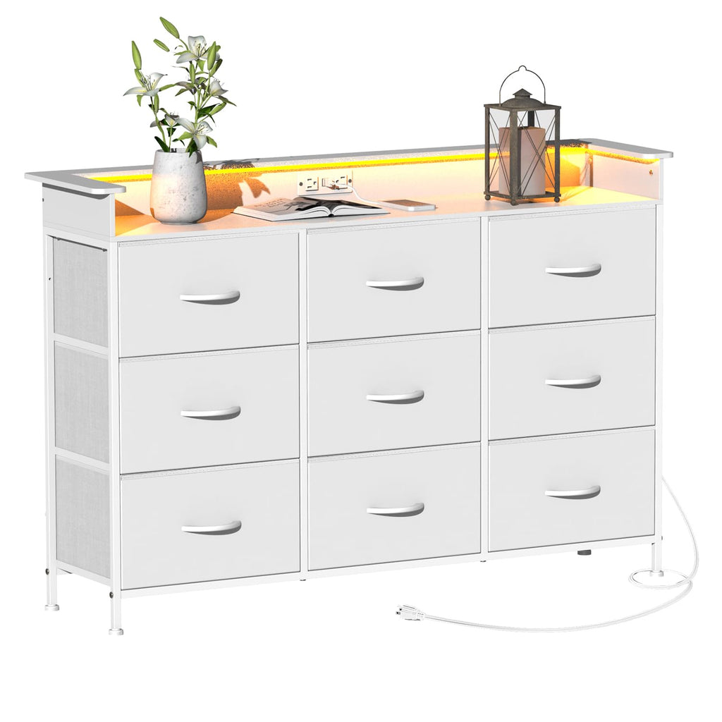 White 9 Drawer Dresser with LED Light and Charging Station T5798