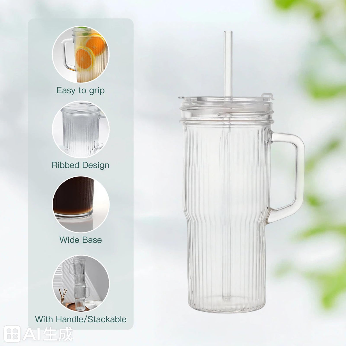 2-Pack 24oz Ribbed Glass Tumbler with Lids & Straws B428786