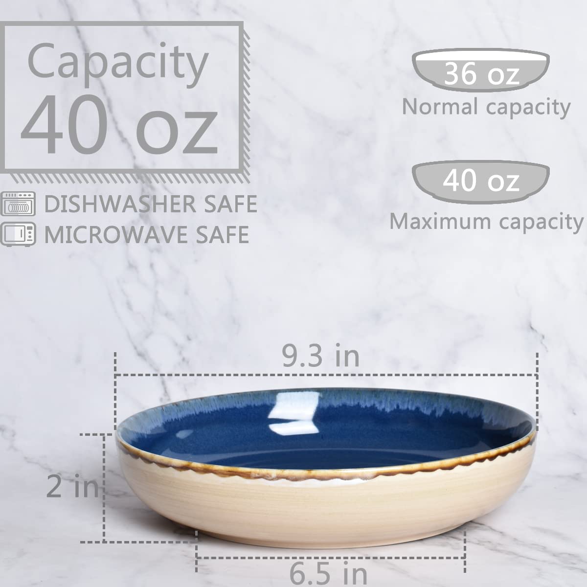 Large Stoneware Pasta Bowls, Set of 4, 40 Oz, Microwave and Dishwasher Safe C8578