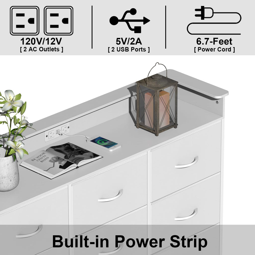 White 9 Drawer Dresser with LED Light and Charging Station T5798