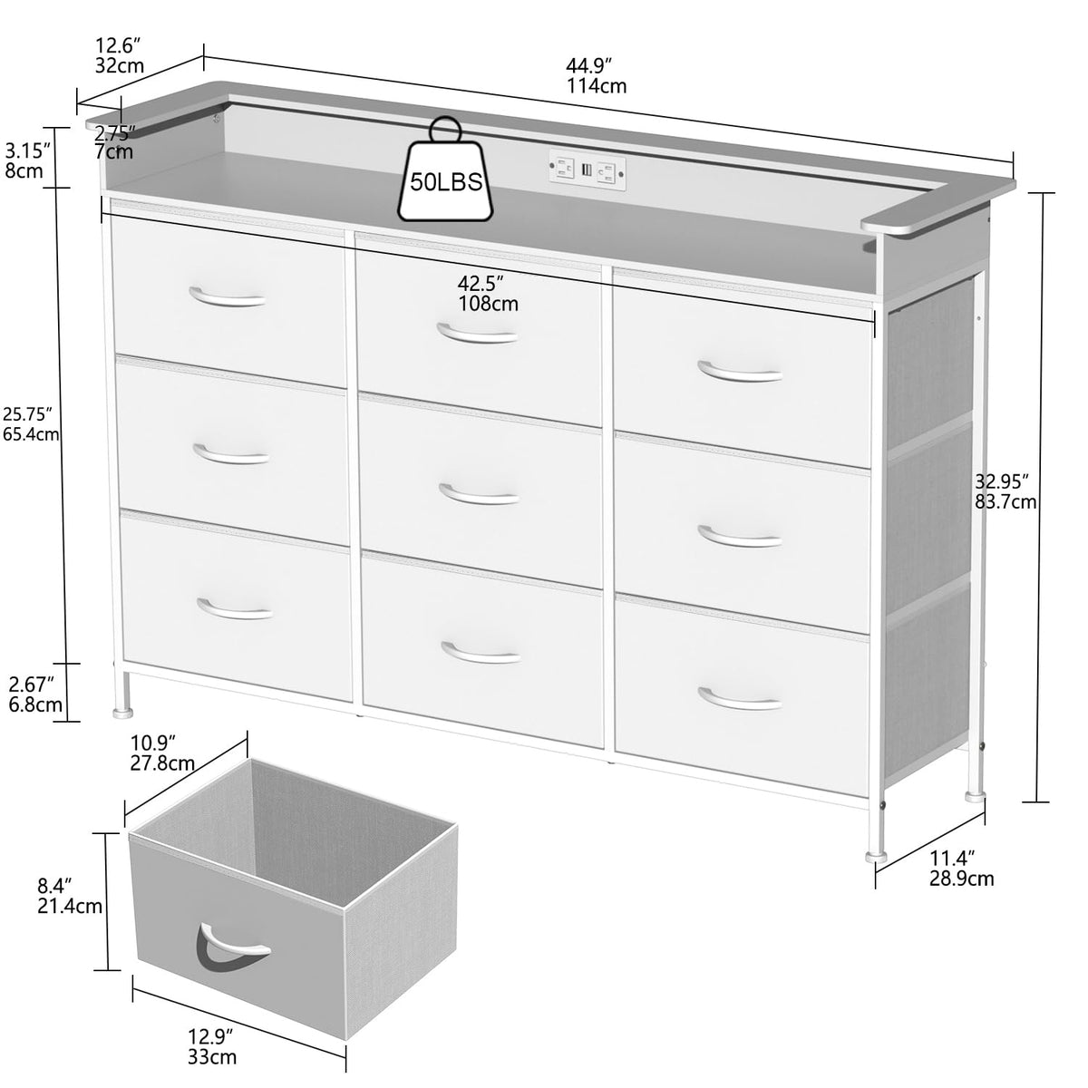 White 9 Drawer Dresser with LED Light and Charging Station T5798