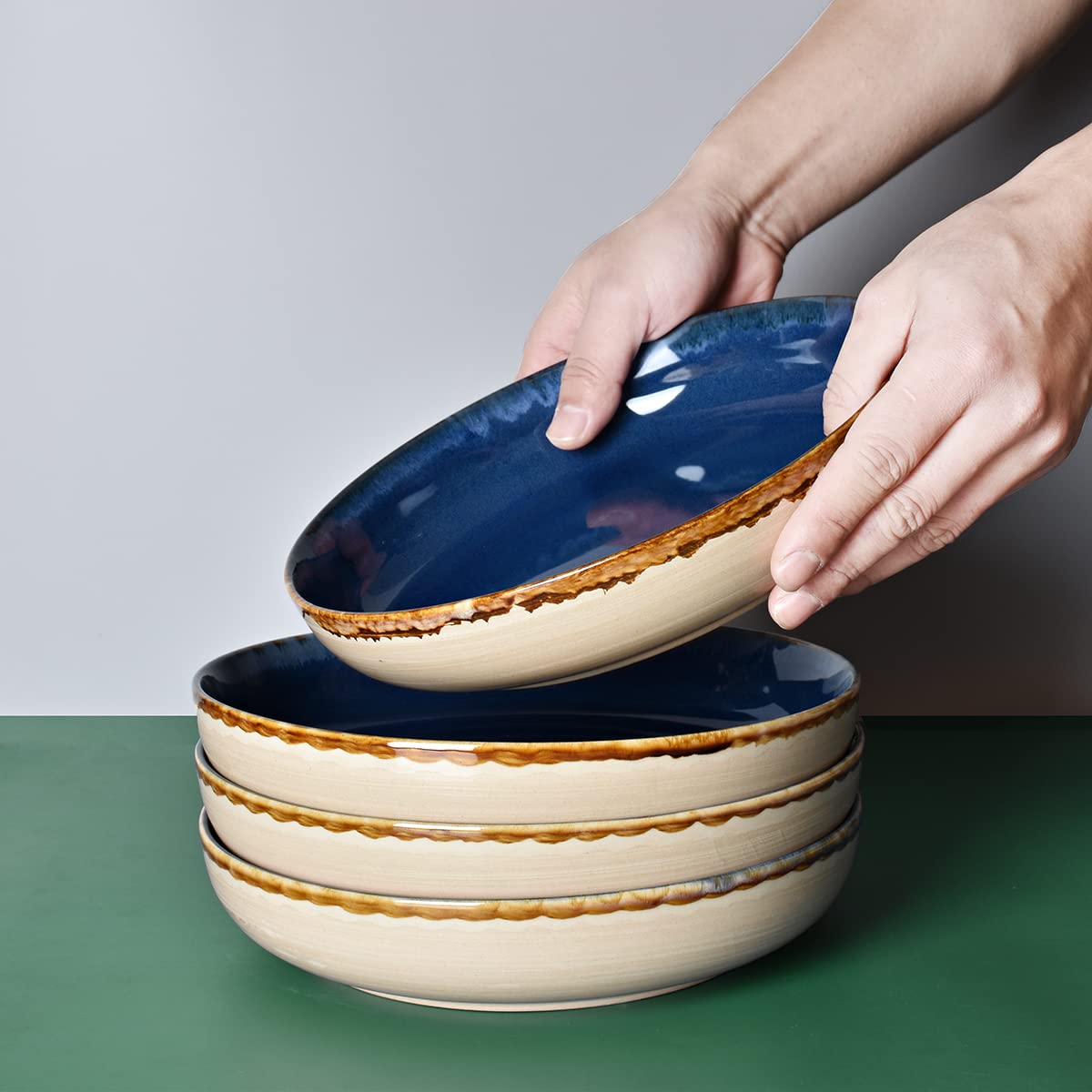 Large Stoneware Pasta Bowls, Set of 4, 40 Oz, Microwave and Dishwasher Safe C8578