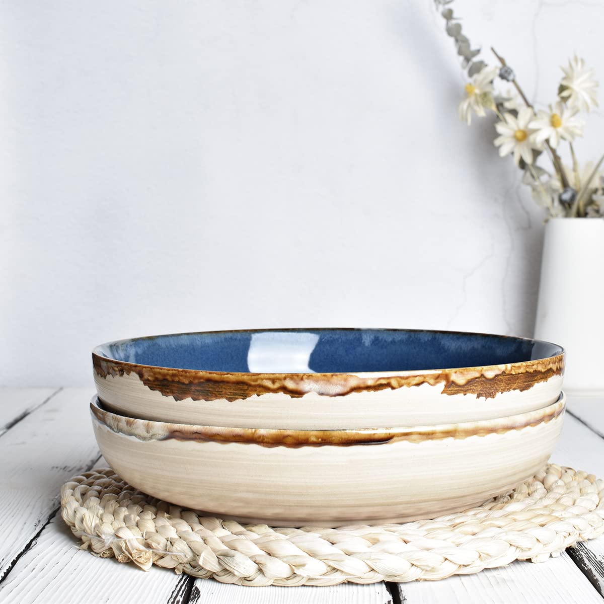 Large Stoneware Pasta Bowls, Set of 4, 40 Oz, Microwave and Dishwasher Safe C8578