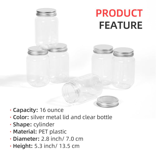 16 Ounce Clear Plastic Mason Jars With Screw On Lid, 20 Pack X167