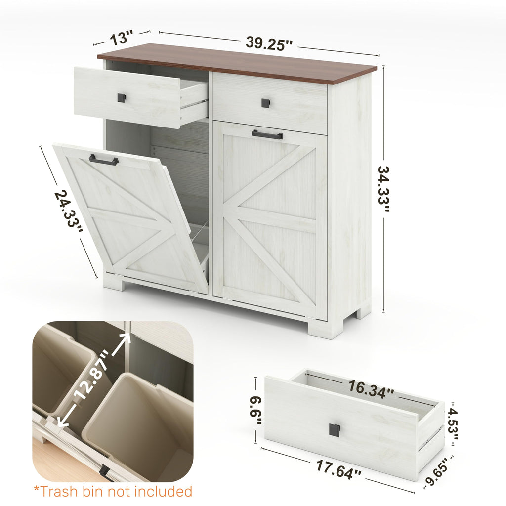 Antique White Wooden Tilt Out Trash Cabinet with 2 Storage Drawers O39644
