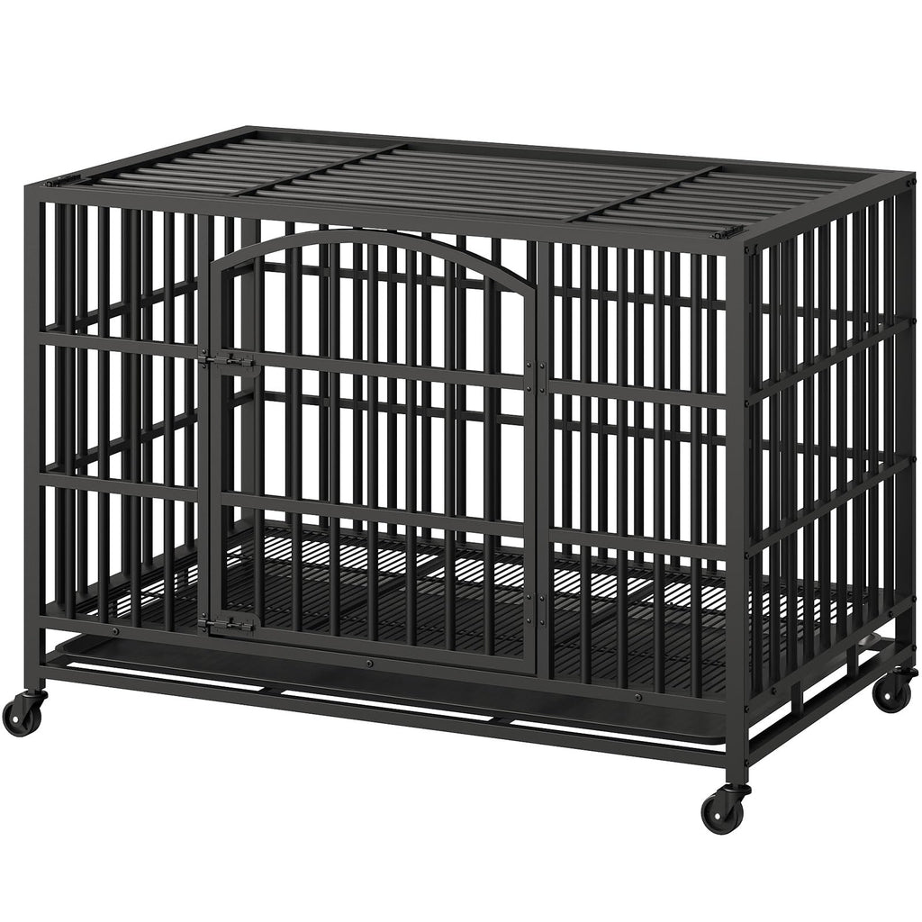 48-Inch Heavy Duty Dog Crate with 2 Doors, Lockable Wheels & Removable Tray, Black S126