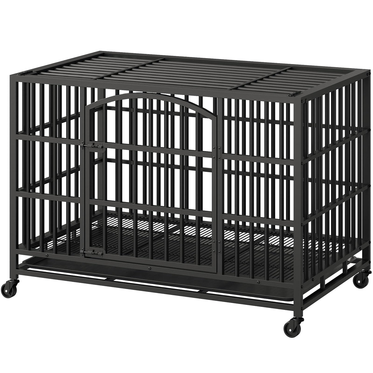 48-Inch Heavy Duty Dog Crate with 2 Doors, Lockable Wheels & Removable Tray, Black S126
