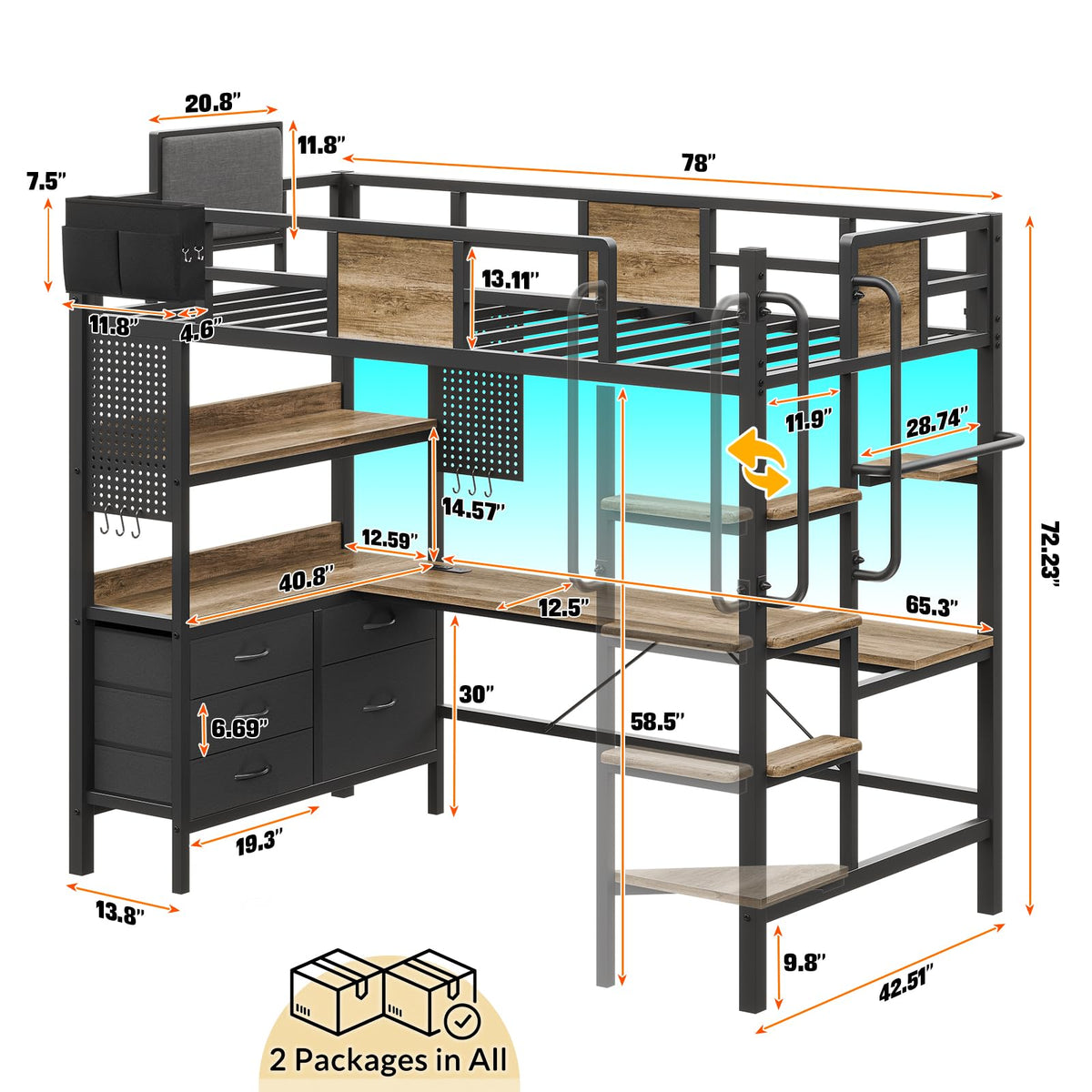 Twin Size Loft Bed with Desk and 5 Drawer M1699