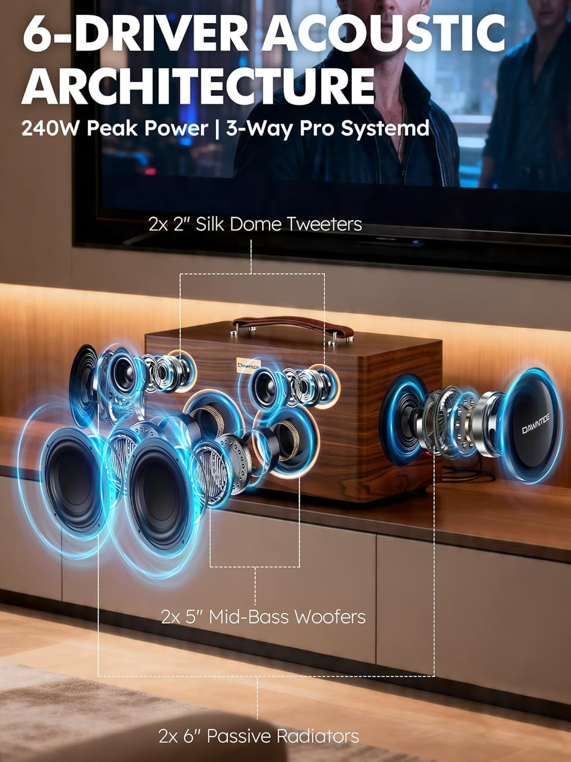 Portable Bluetooth Speaker 240W Peak Power Wooden Audio System M51841