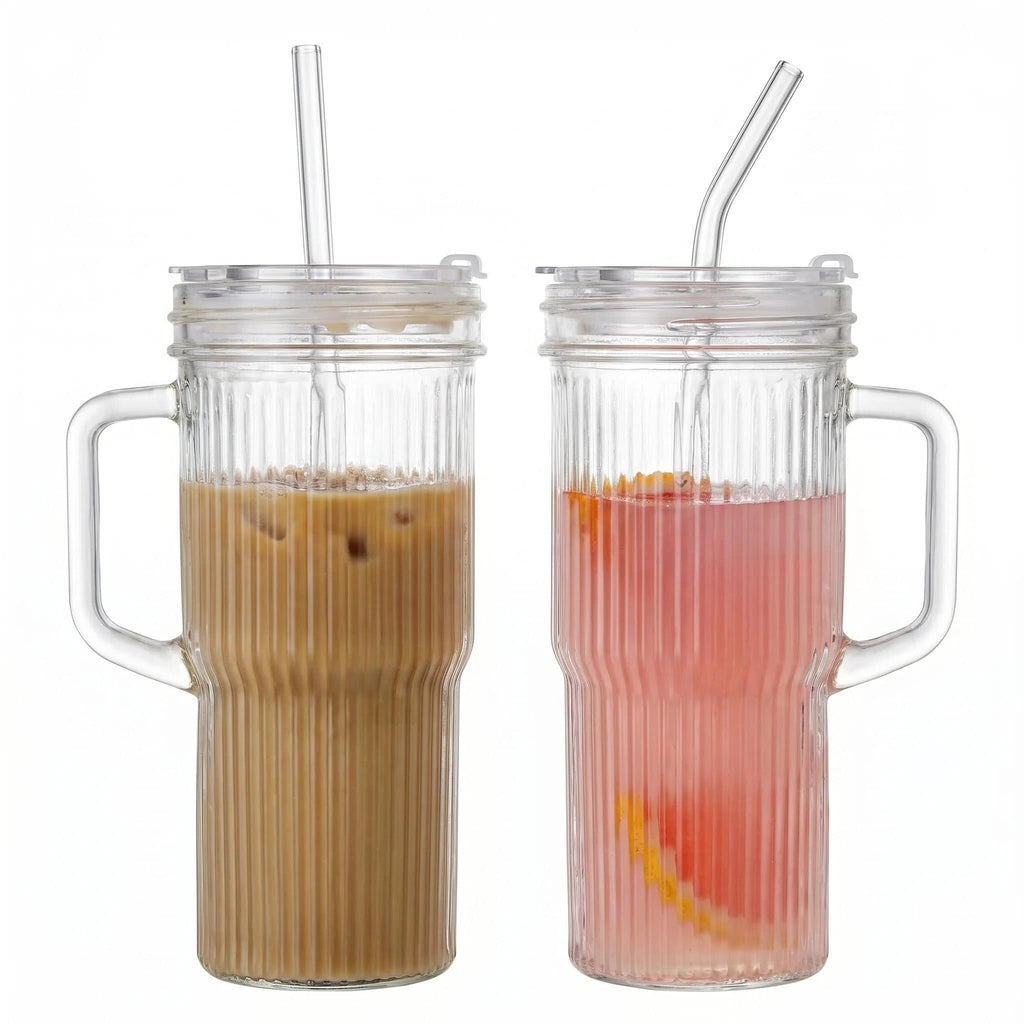 2-Pack 24oz Ribbed Glass Tumbler with Lids & Straws B428786