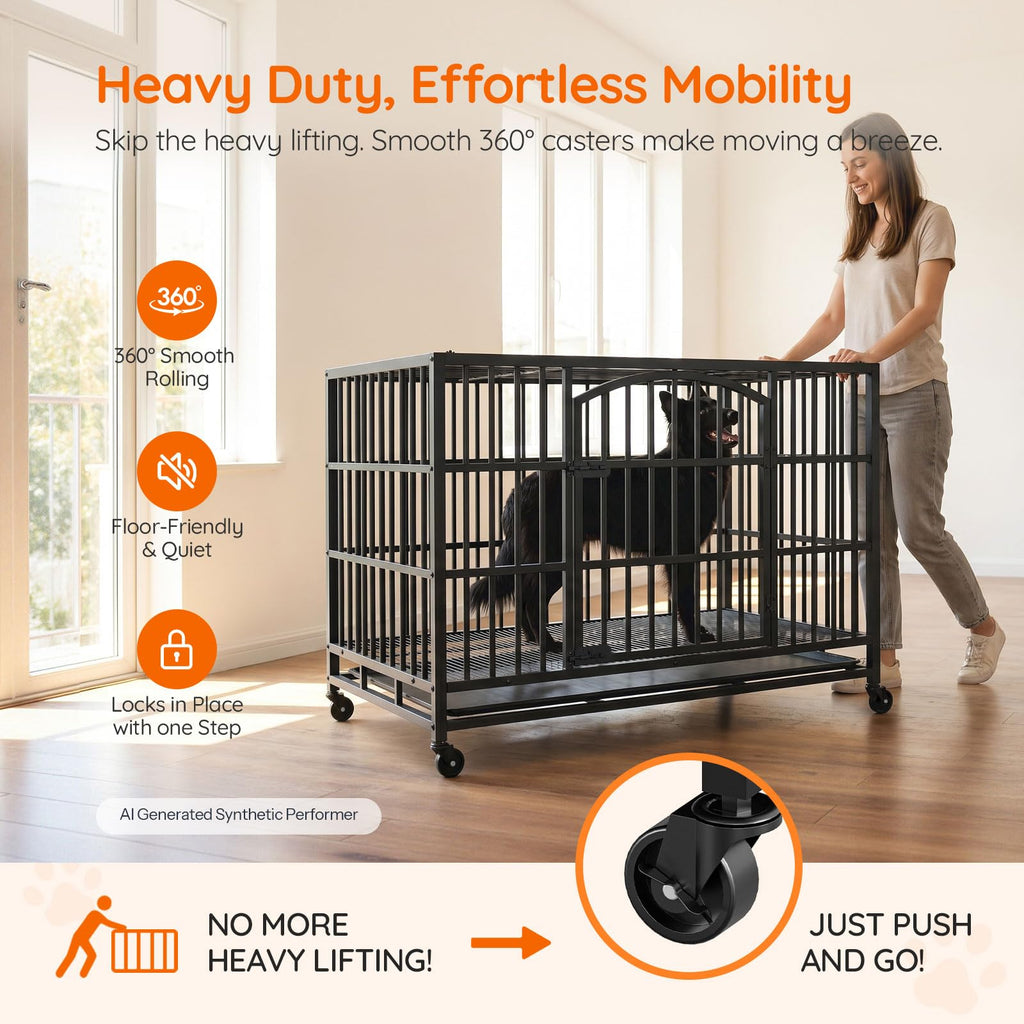 48-Inch Heavy Duty Dog Crate with 2 Doors, Lockable Wheels & Removable Tray, Black S126