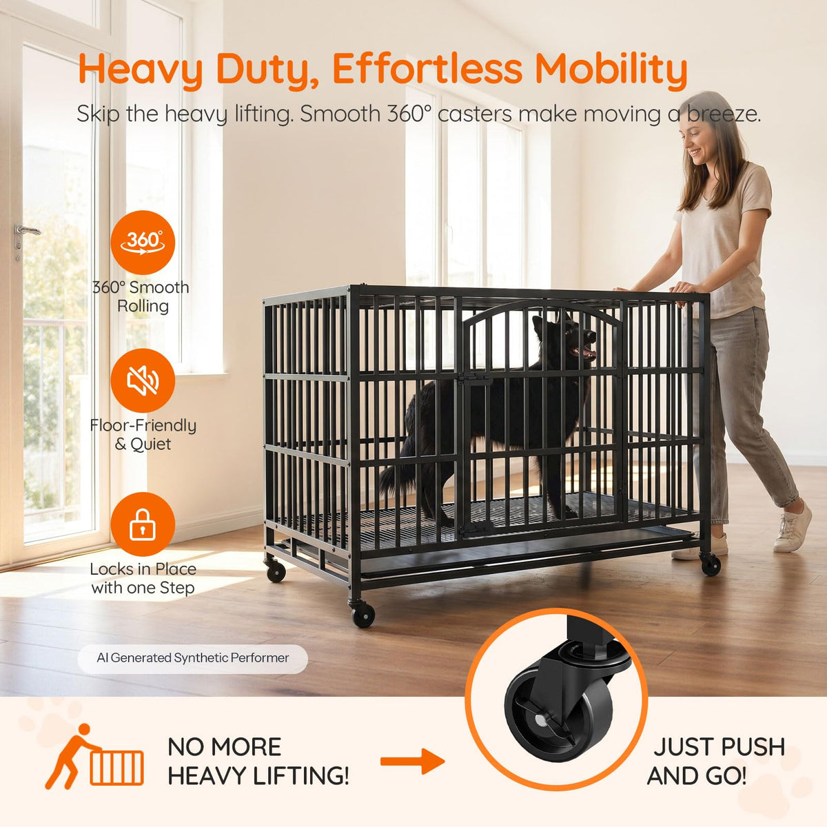 48-Inch Heavy Duty Dog Crate with 2 Doors, Lockable Wheels & Removable Tray, Black S126