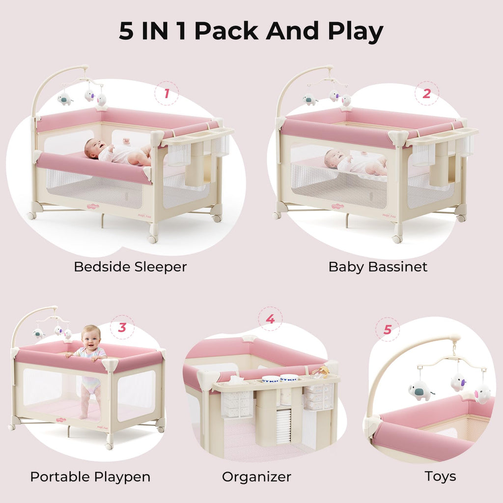 5 in 1 Pack and Play Bedside Crib Playard with Mattress O1026