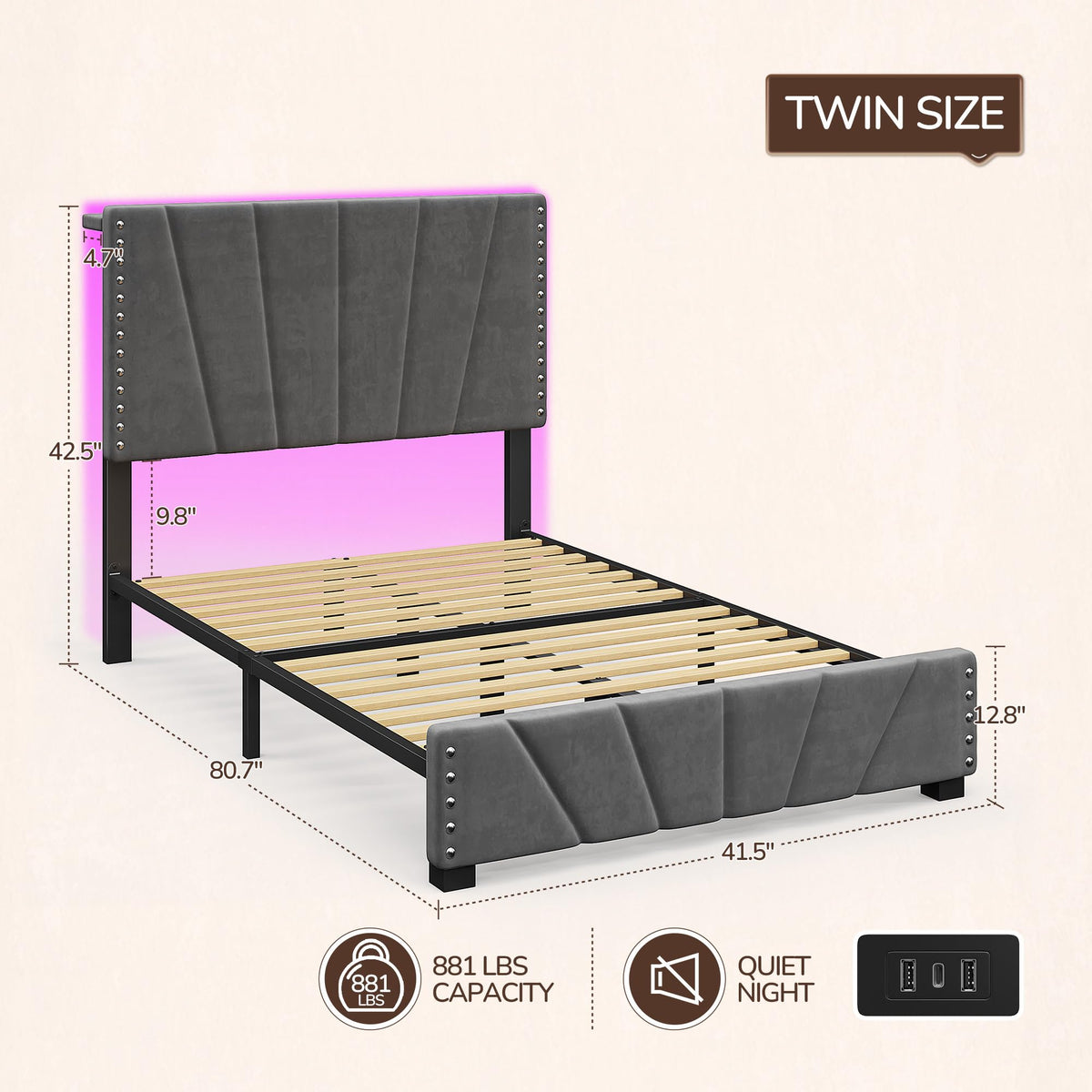 Twin Bed Frame with LED Lights & USB Z900
