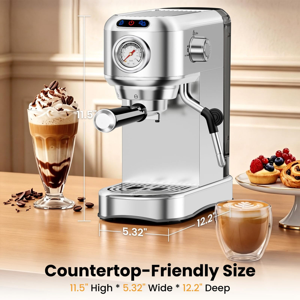 20 Bar Compact Stainless Steel Espresso Machine with Milk Frother U5914