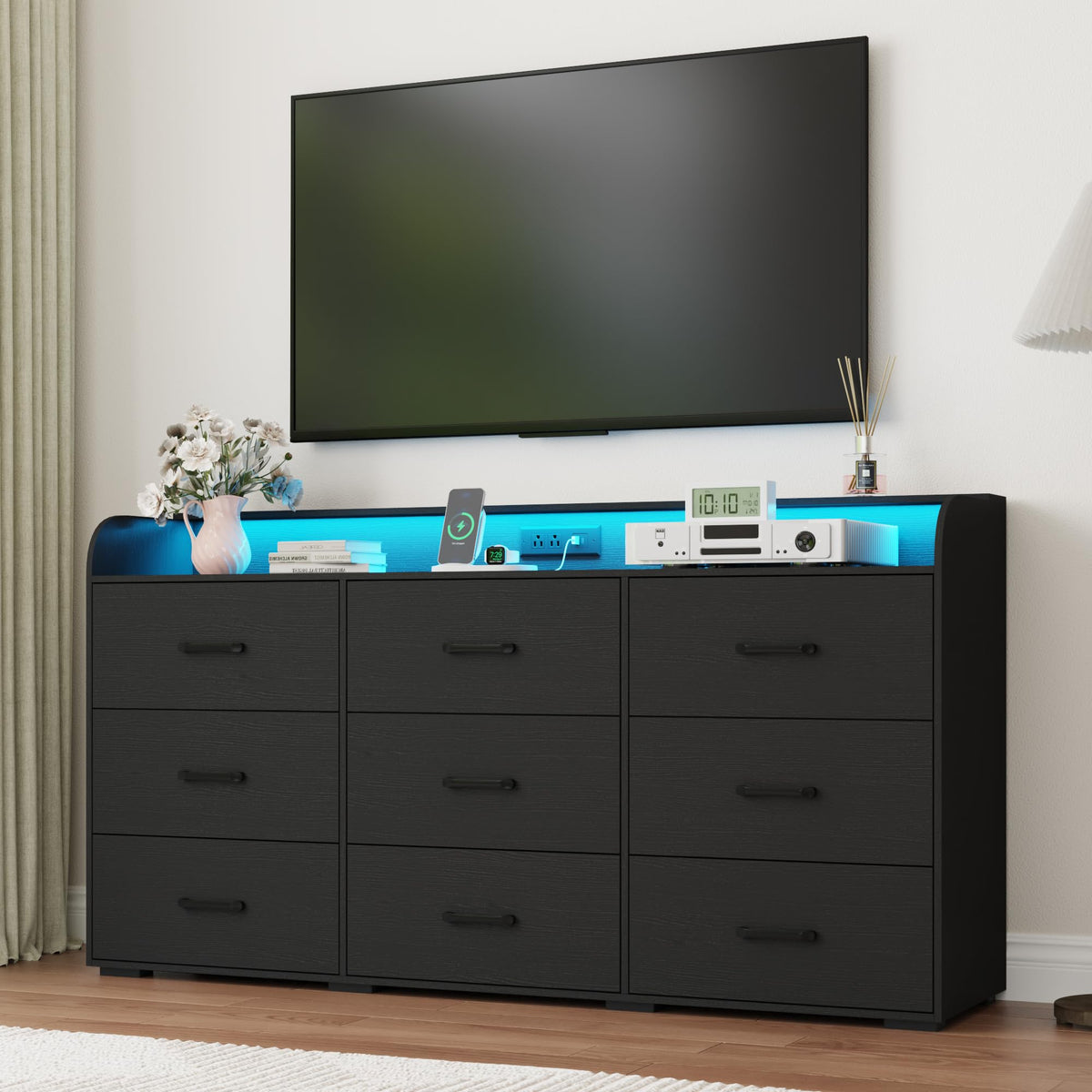 Black 9 Drawer Wood Dresser with Power Outlet and LED Lights V62954