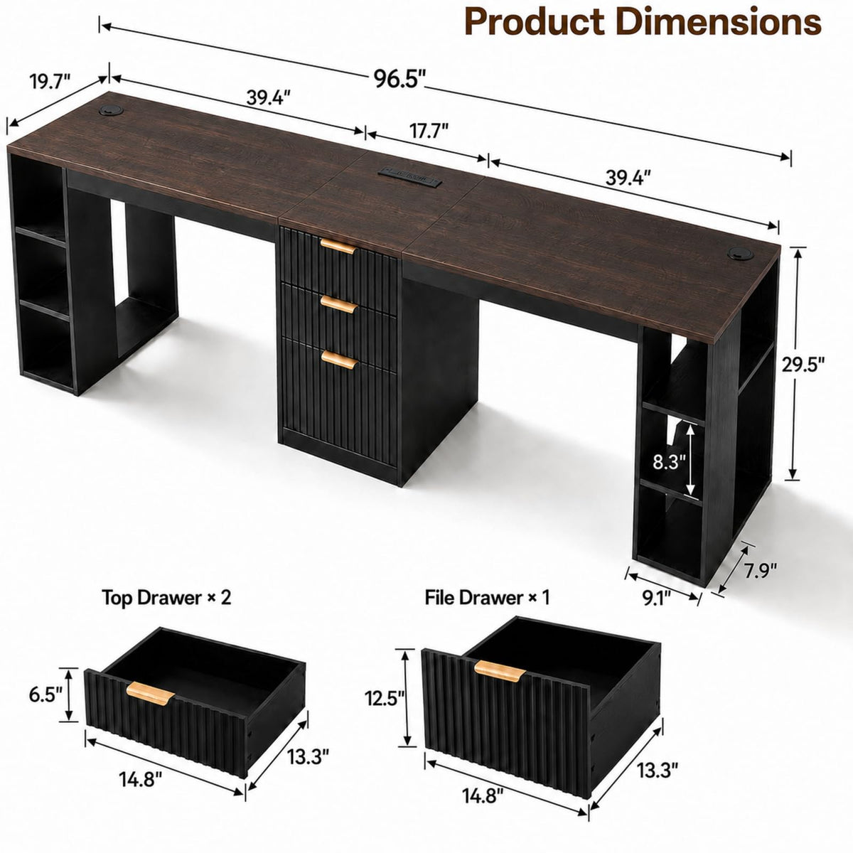 Black 2 Person Desk with Power Outlet and USB Ports H1743