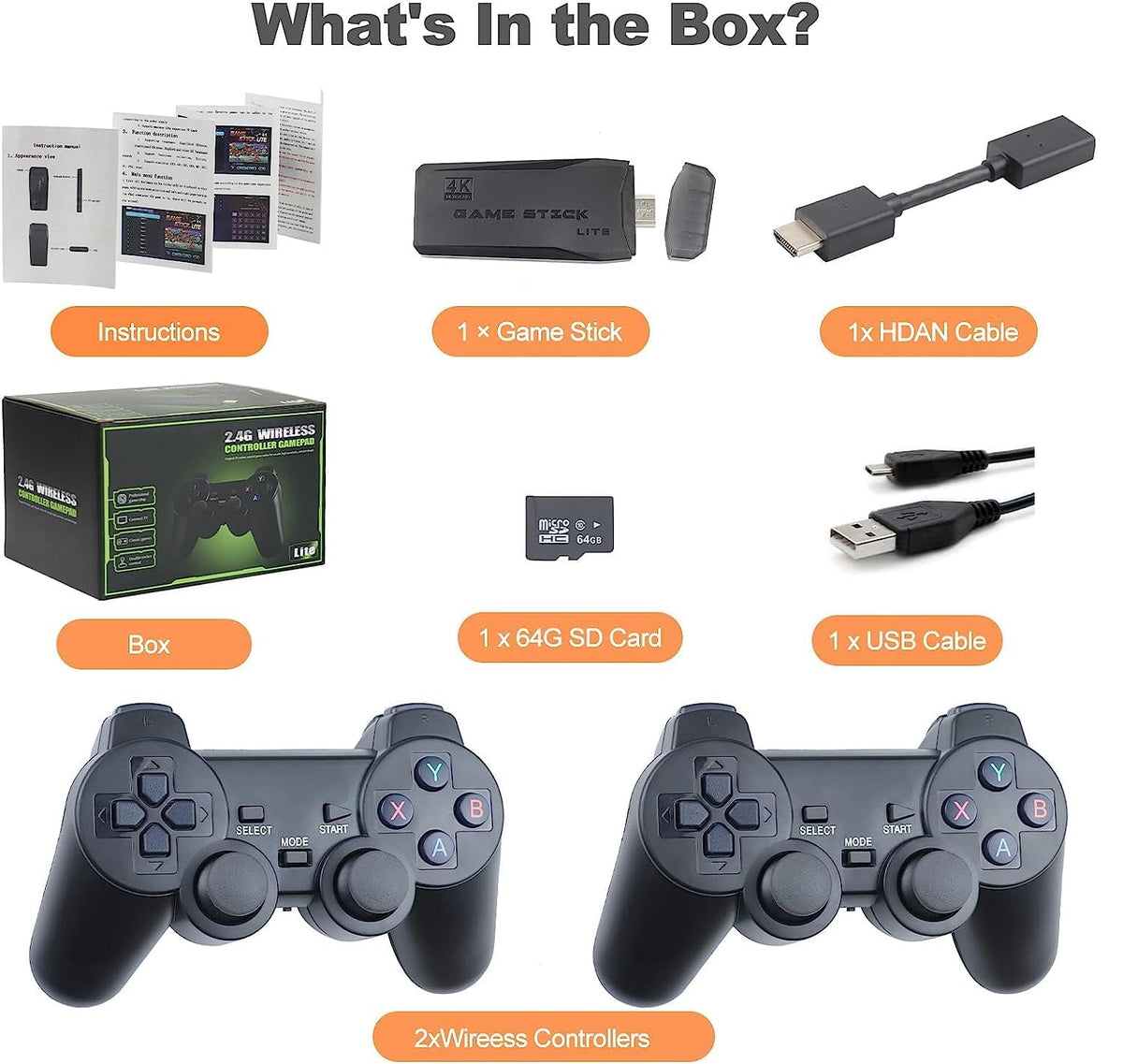 Retro Game Console 4K HDMI 15 Classic Emulators Dual 2.4G Wireless Controllers F7078