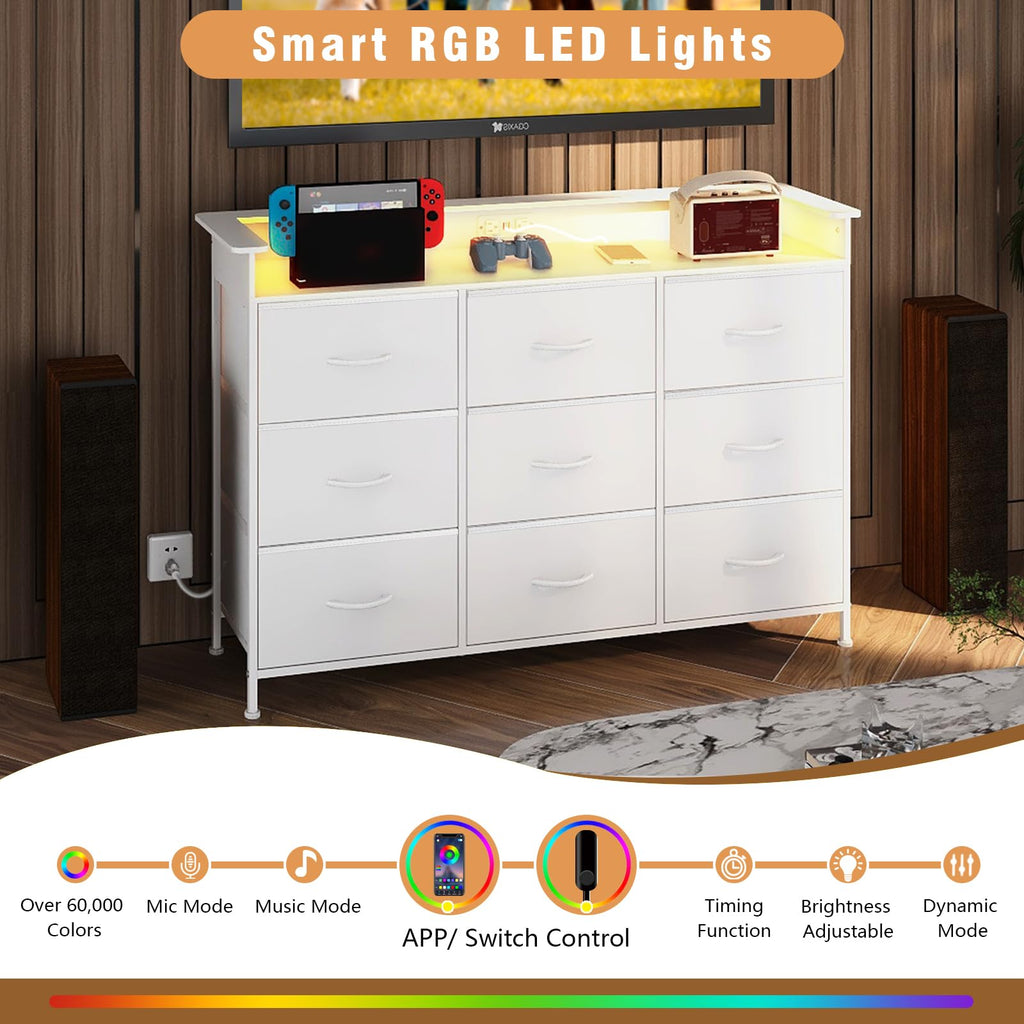 White 9 Drawer Dresser with LED Light and Charging Station T5798