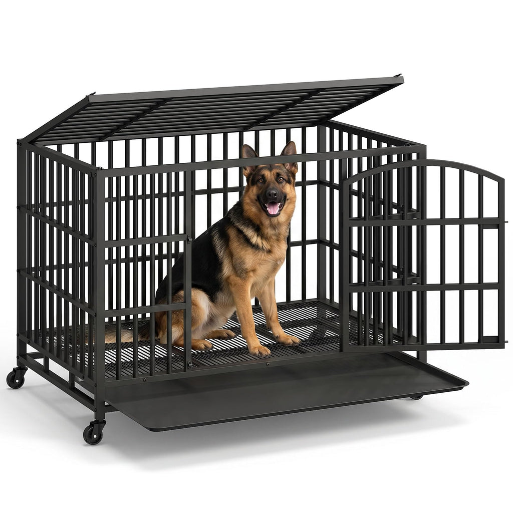 48-Inch Heavy Duty Dog Crate with 2 Doors, Lockable Wheels & Removable Tray, Black S126