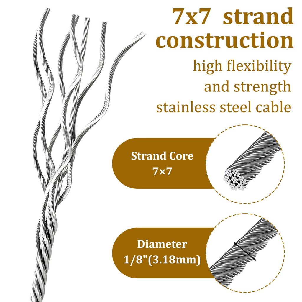 1/8" Stainless Steel Cable 100ft Wire Rope with Loop Sleeve and Thimble X373