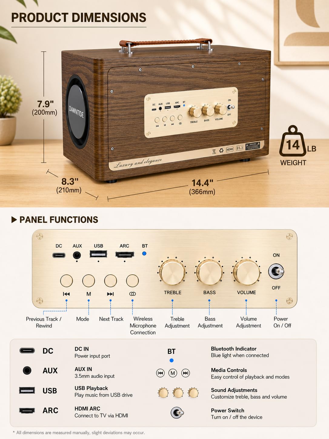 Portable Bluetooth Speaker 240W Peak Power Wooden Audio System M51841