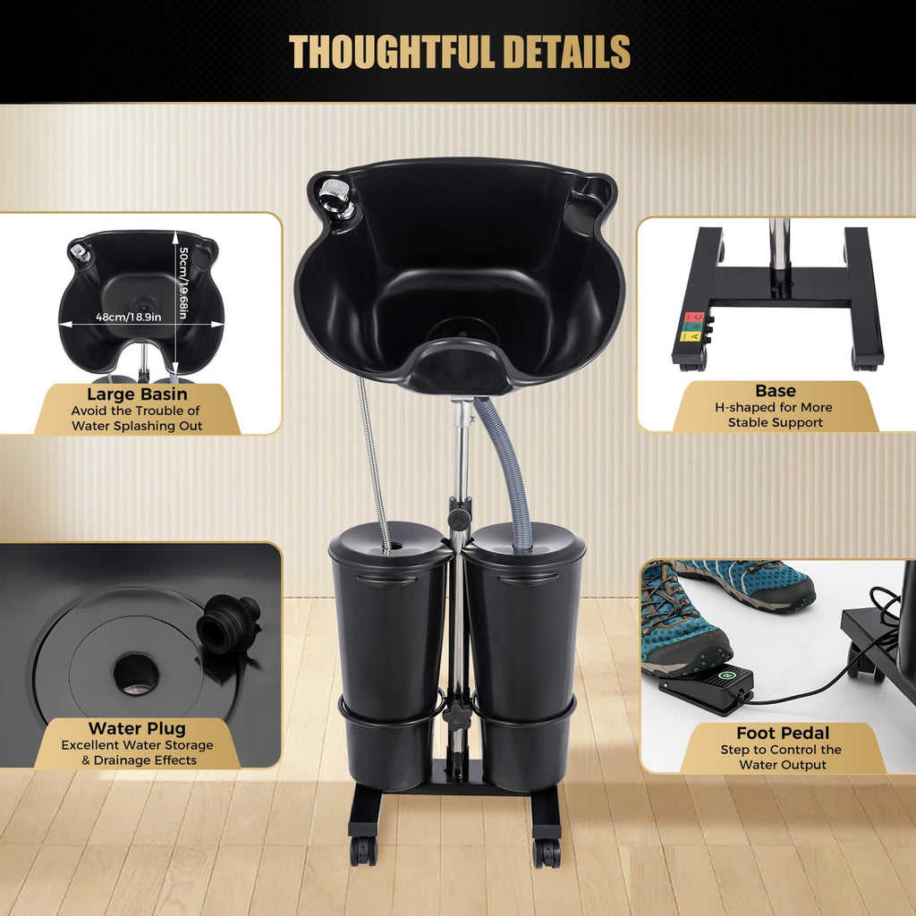 Portable Shampoo Bowl with Electric Pump, 2 Water Buckets, Height Adjustable L6565