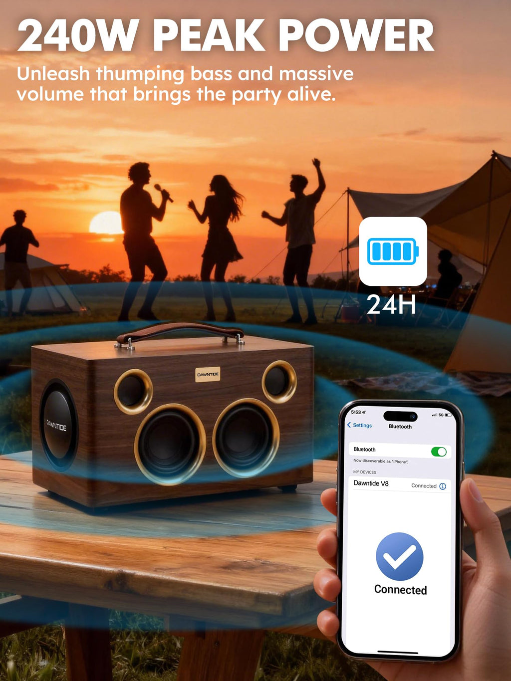 Portable Bluetooth Speaker 240W Peak Power Wooden Audio System M51841