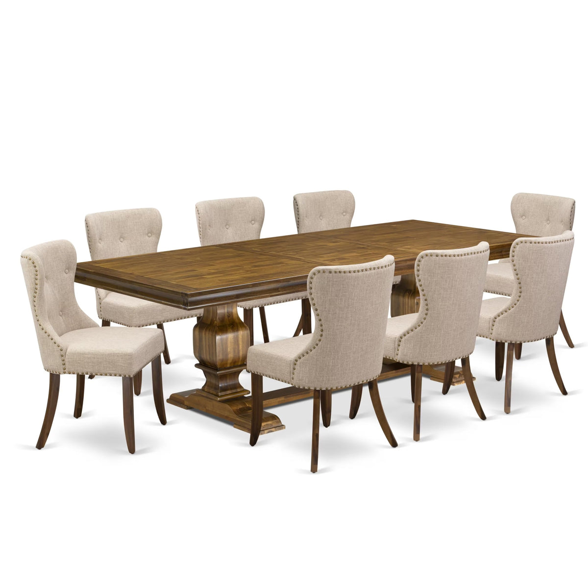 9 Pc Mid Century Dining Table Set with 8 Light Tan Linen Chairs A578800