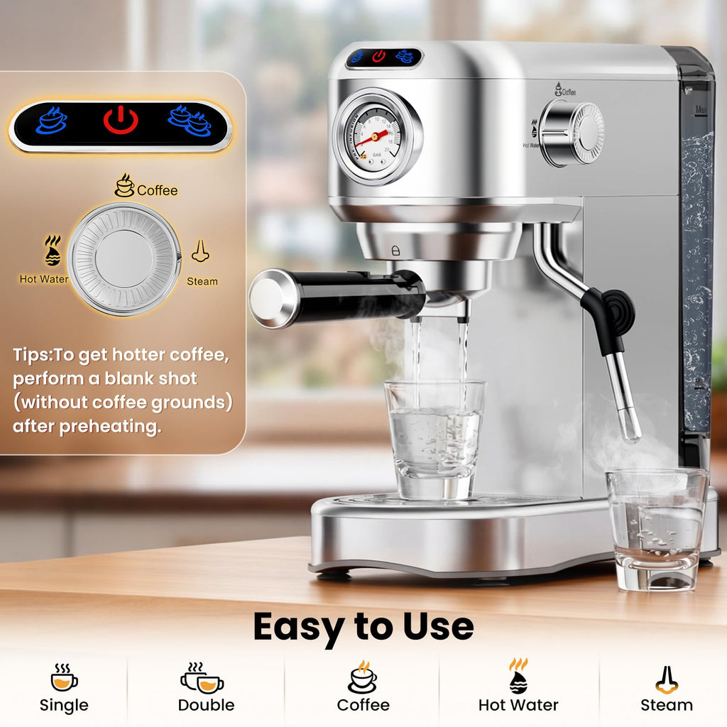 20 Bar Compact Stainless Steel Espresso Machine with Milk Frother U5914