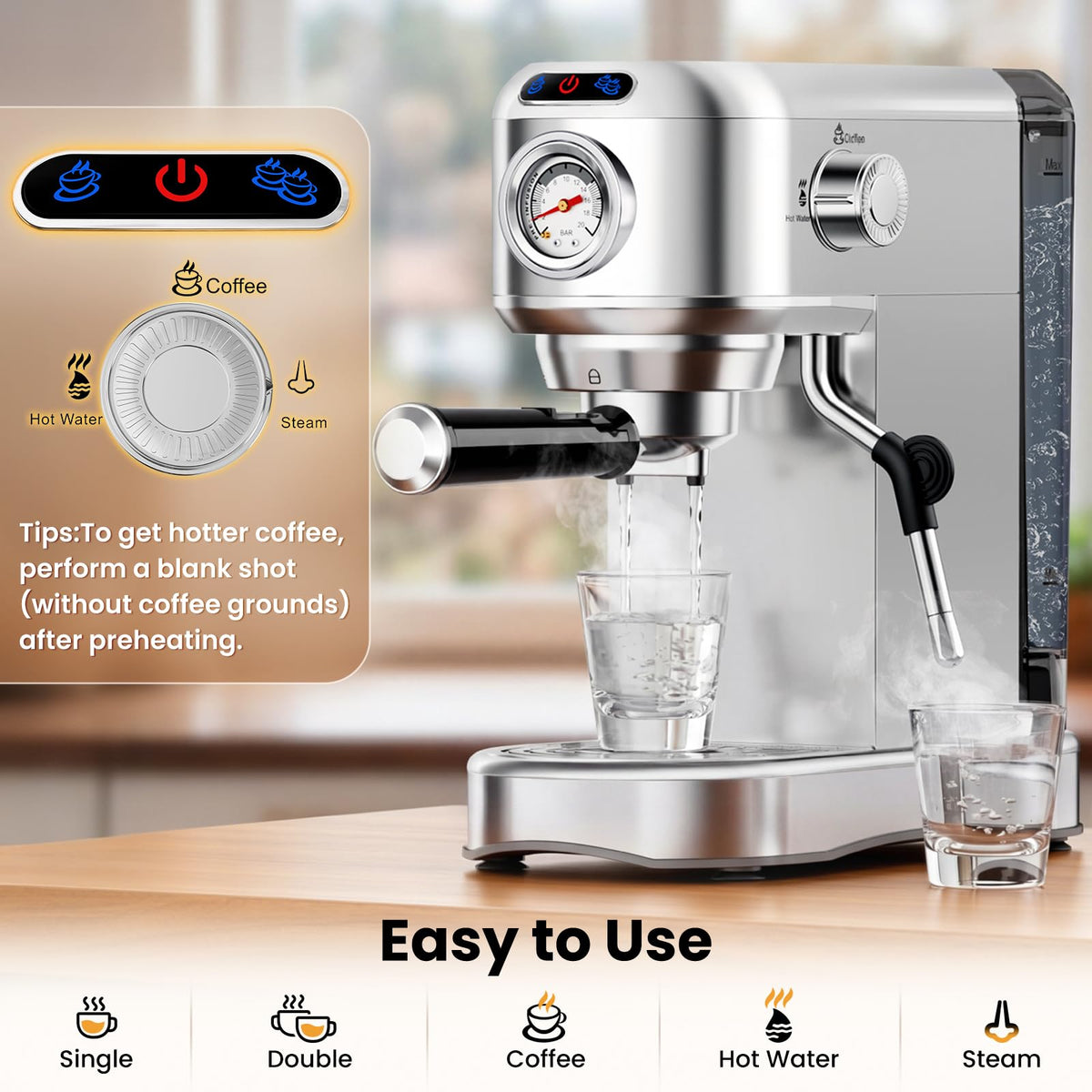 20 Bar Compact Stainless Steel Espresso Machine with Milk Frother U5914