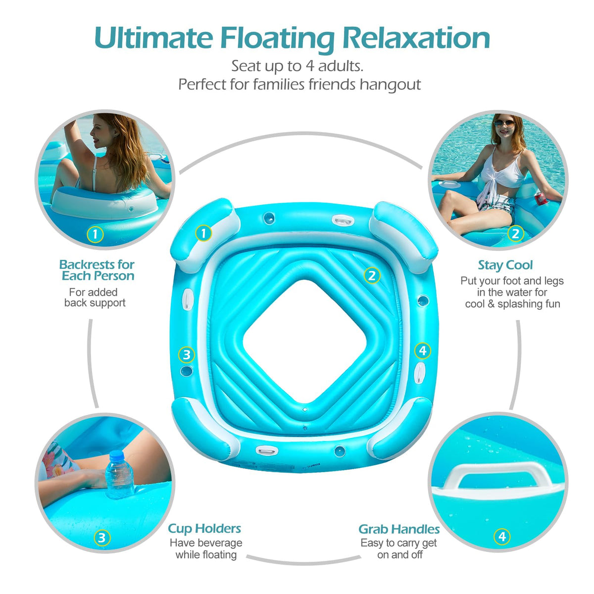 Blue XL Inflatable Pool Float with Cup Holders J1137