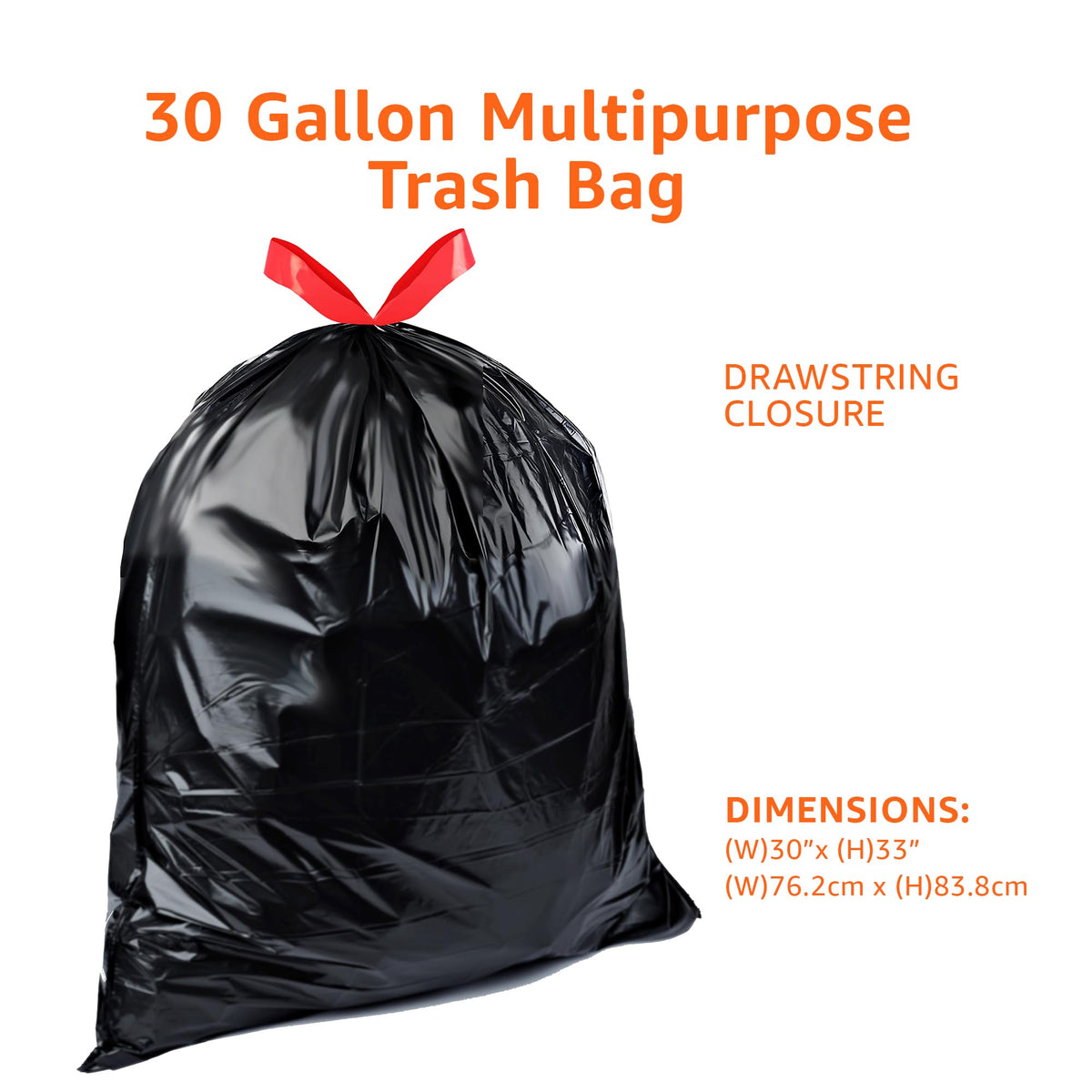 Multipurpose Drawstring Trash Bags, 30 Gallon, Tear Resistant, 50 Count J13823