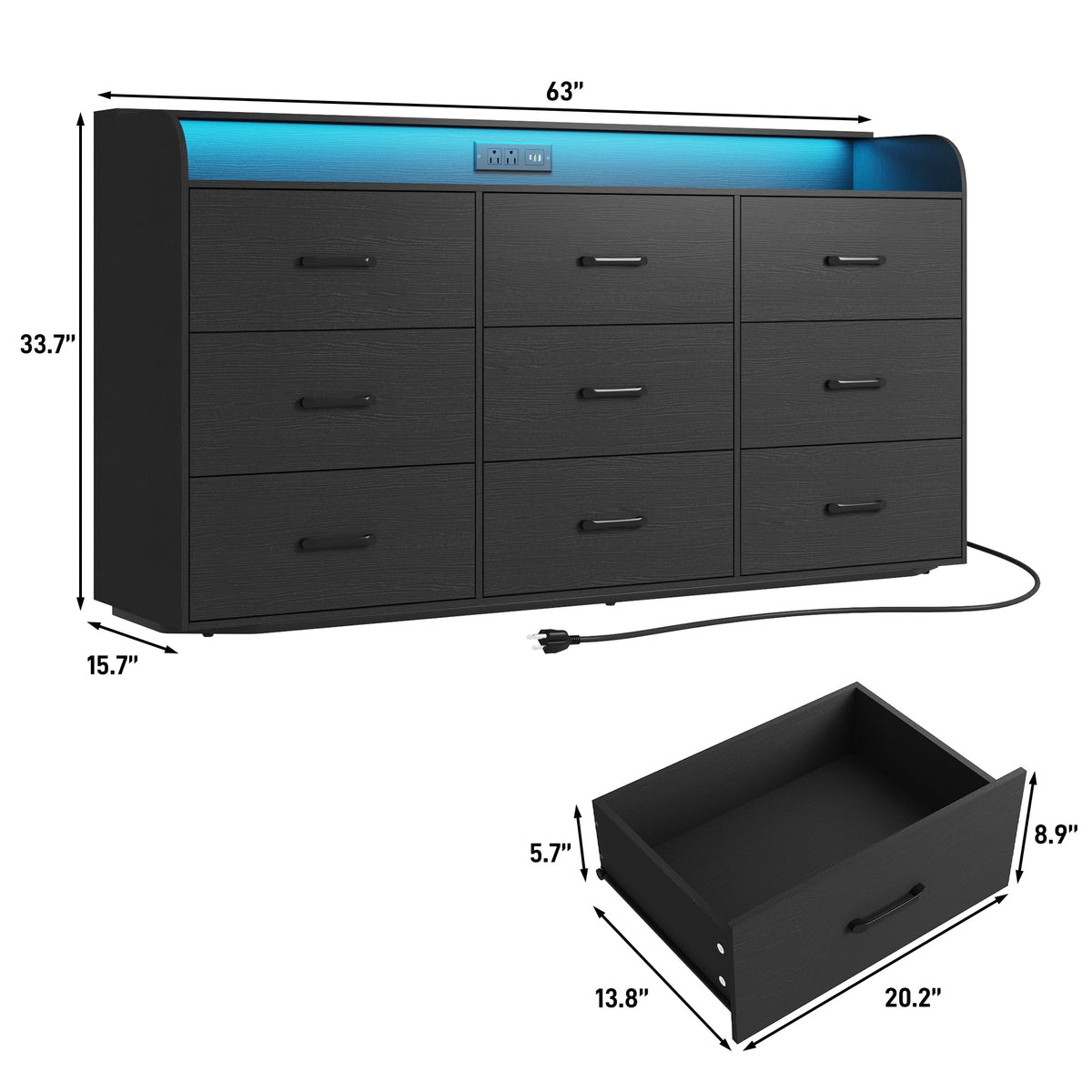 Black 9 Drawer Wood Dresser with Power Outlet and LED Lights V62954