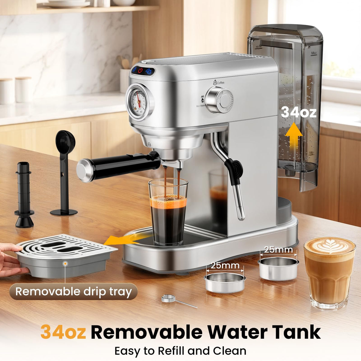 20 Bar Compact Stainless Steel Espresso Machine with Milk Frother U5914