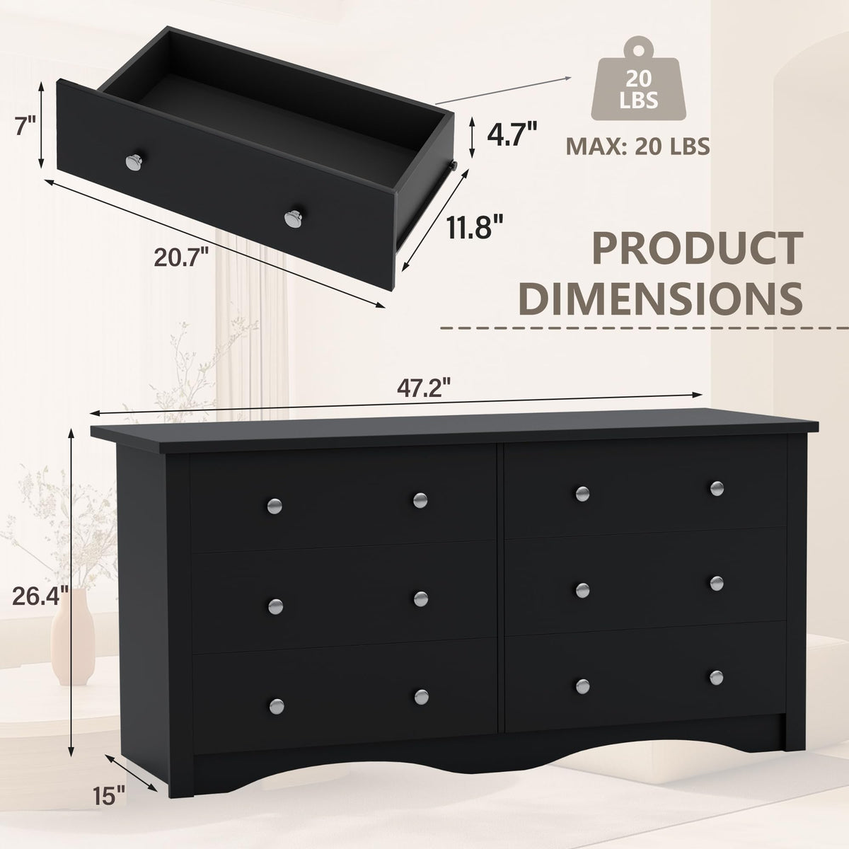 Black 6 Drawer Dresser F22018