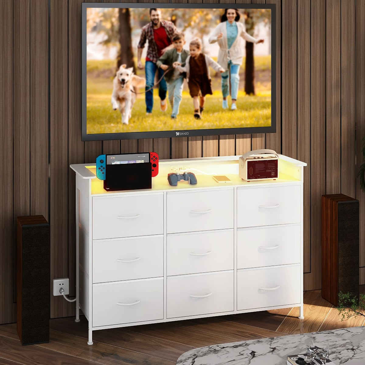 White 9 Drawer Dresser with LED Light and Charging Station T5798