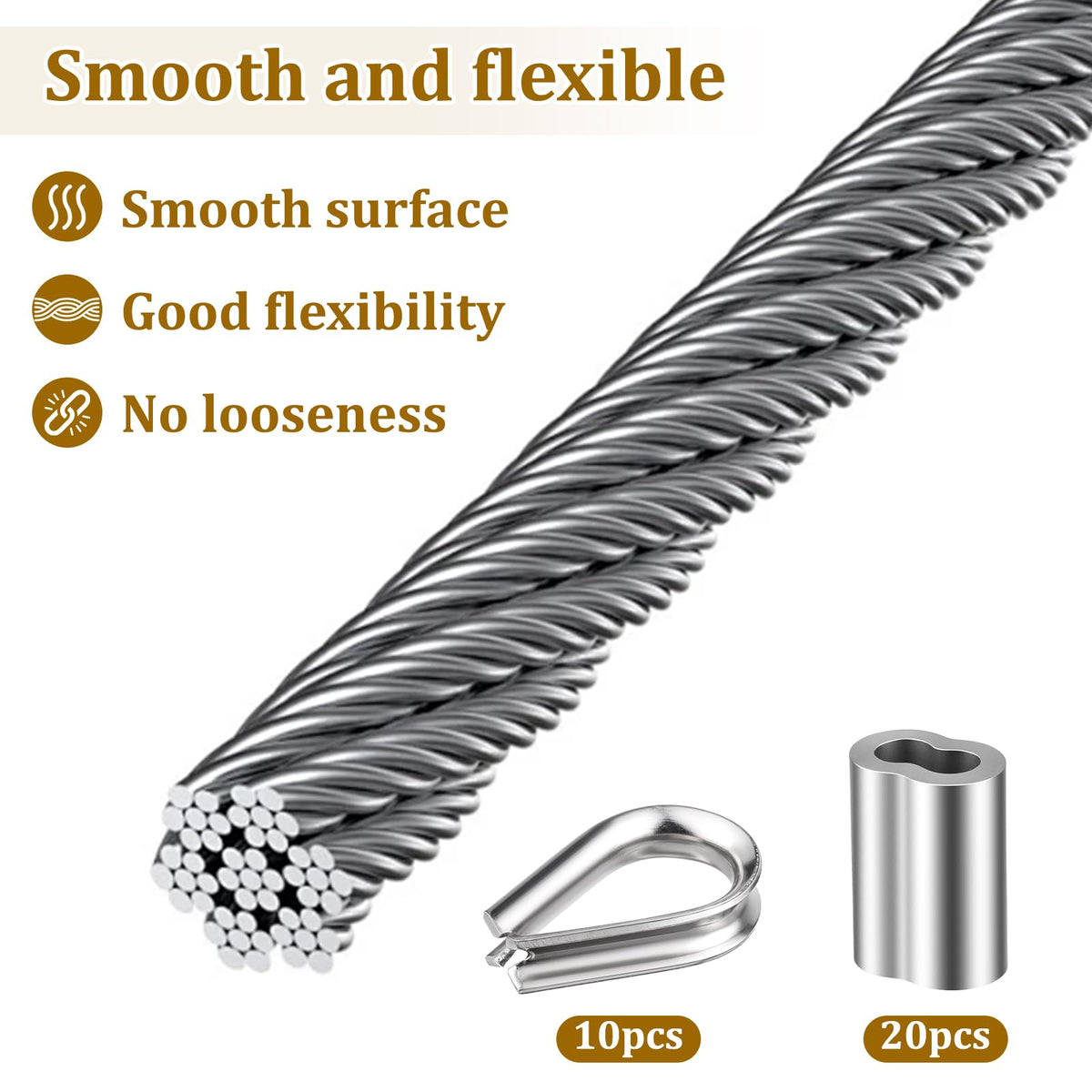 1/8" Stainless Steel Cable 100ft Wire Rope with Loop Sleeve and Thimble X373