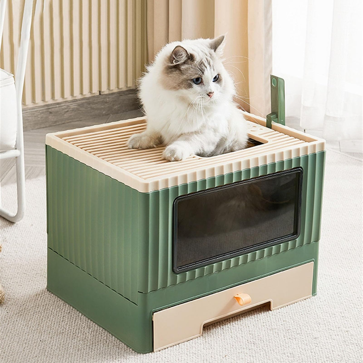 Top Entry Cat Litter Box with Lid Foldable Green R464036