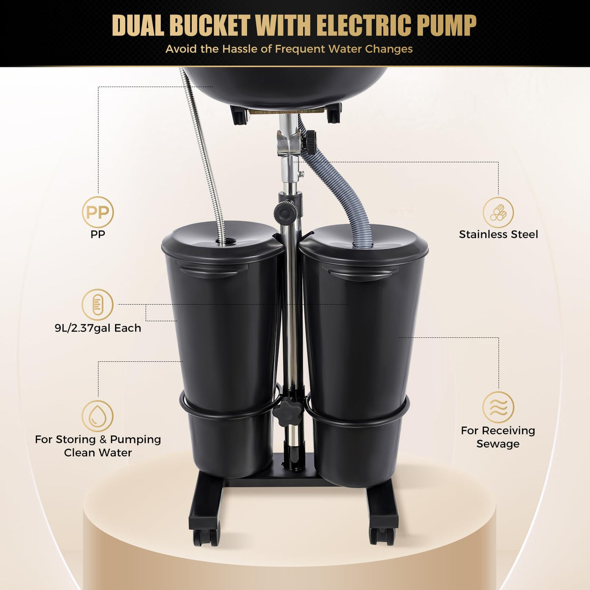 Portable Shampoo Bowl with Electric Pump, 2 Water Buckets, Height Adjustable L6565