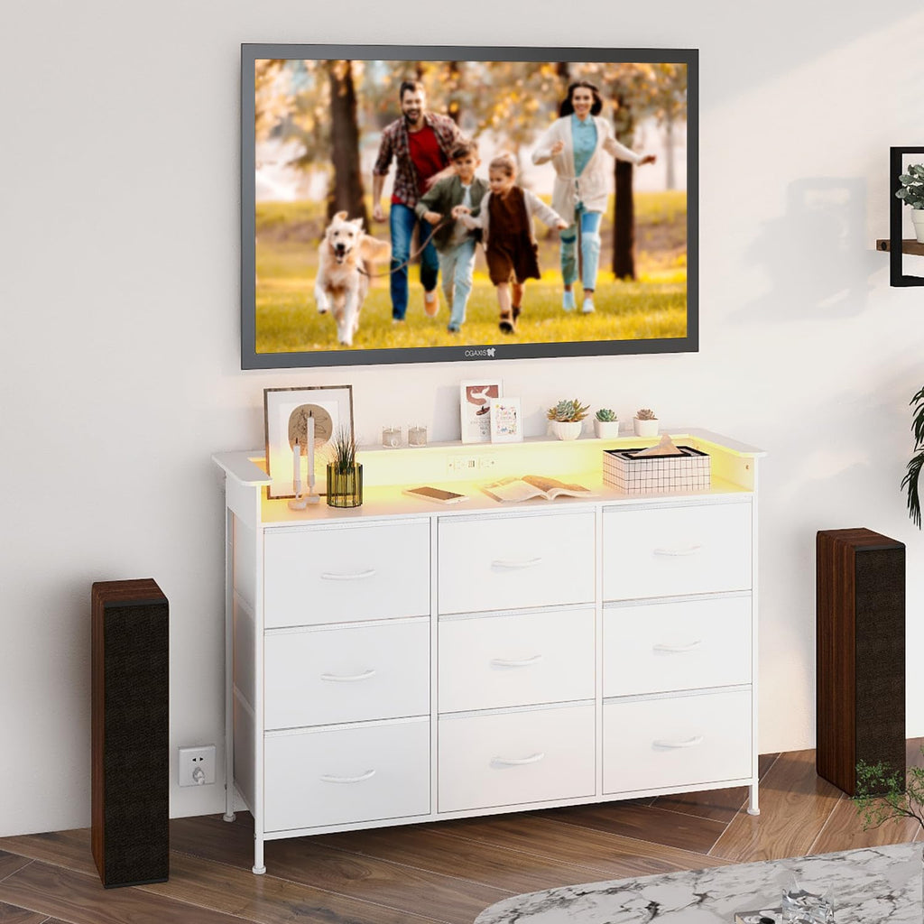 White 9 Drawer Dresser with LED Light and Charging Station T5798