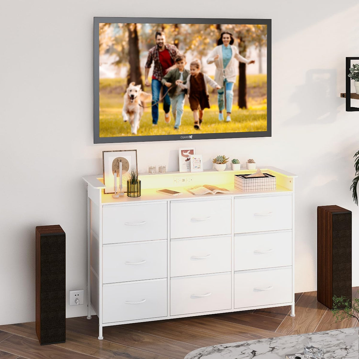 White 9 Drawer Dresser with LED Light and Charging Station T5798