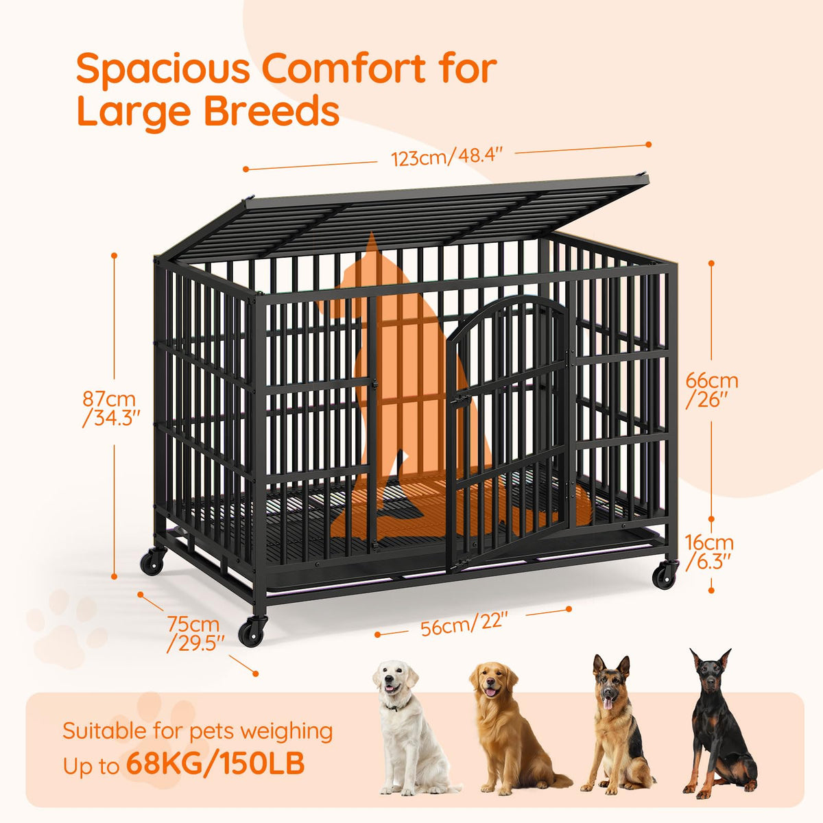 48-Inch Heavy Duty Dog Crate with 2 Doors, Lockable Wheels & Removable Tray, Black S126