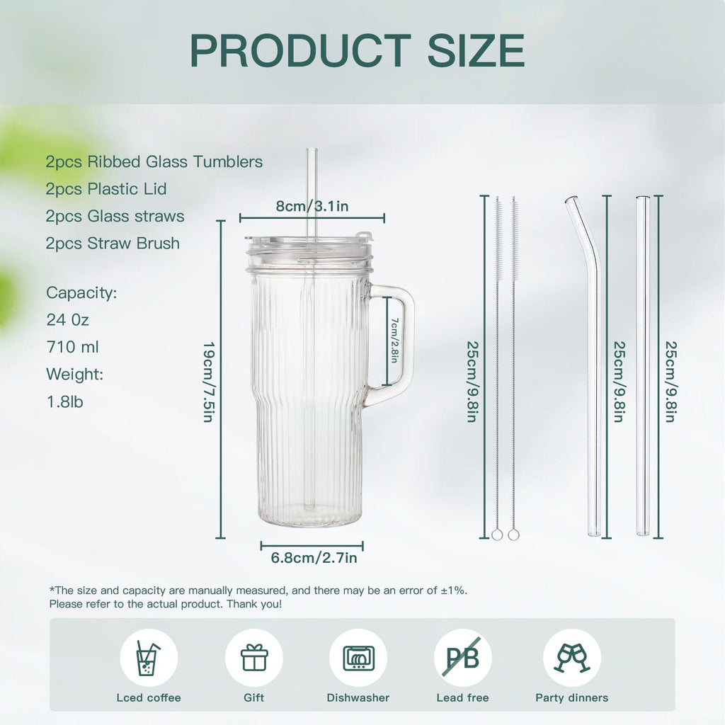 2-Pack 24oz Ribbed Glass Tumbler with Lids & Straws B428786