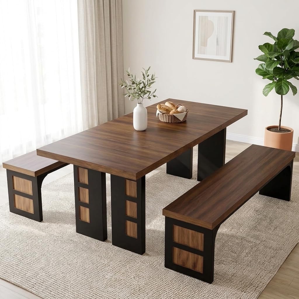 70.9" Wood Dining Table Set with 2 Benches L165