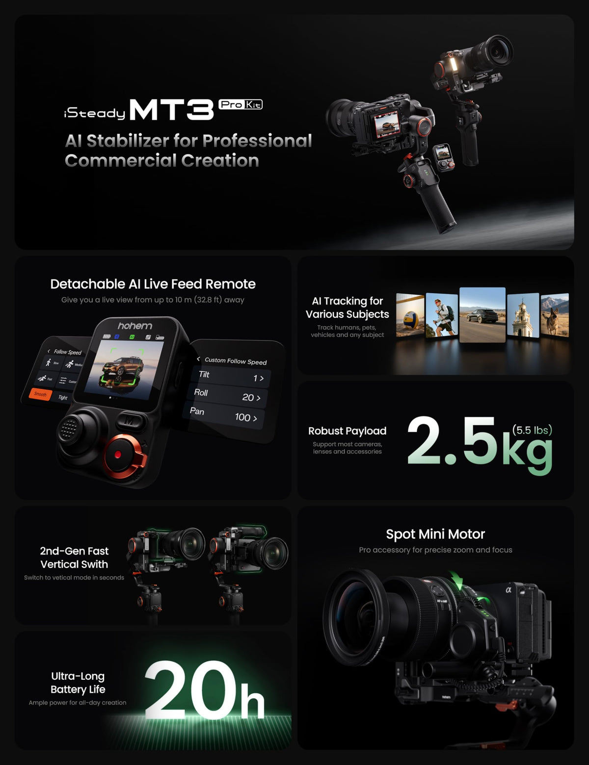 3-Axis Gimbal Stabilizer with AI Tracker and Detachable Touchscreen Control F1128