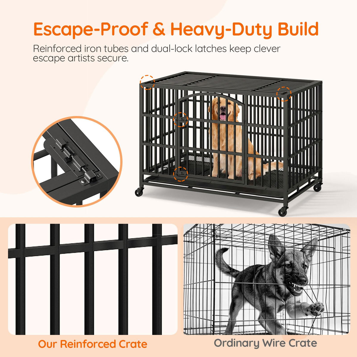 48-Inch Heavy Duty Dog Crate with 2 Doors, Lockable Wheels & Removable Tray, Black S126