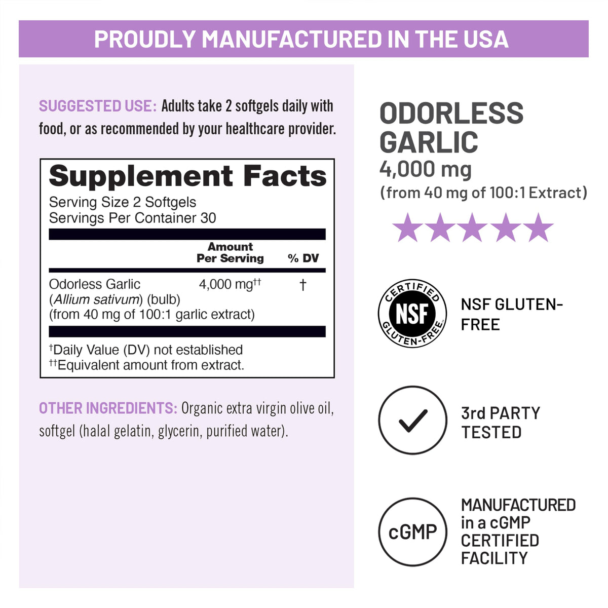 Odorless Garlic Supplement 4000mg 60 Count W833729