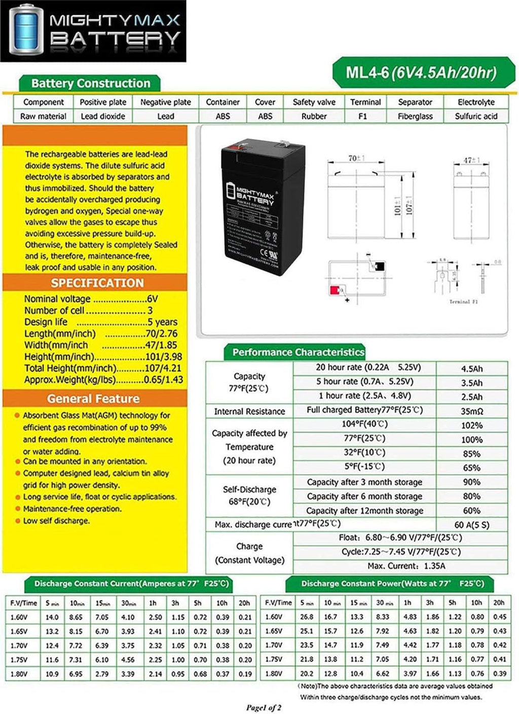 6V 4.5AH SLA Replacement Battery L332623
